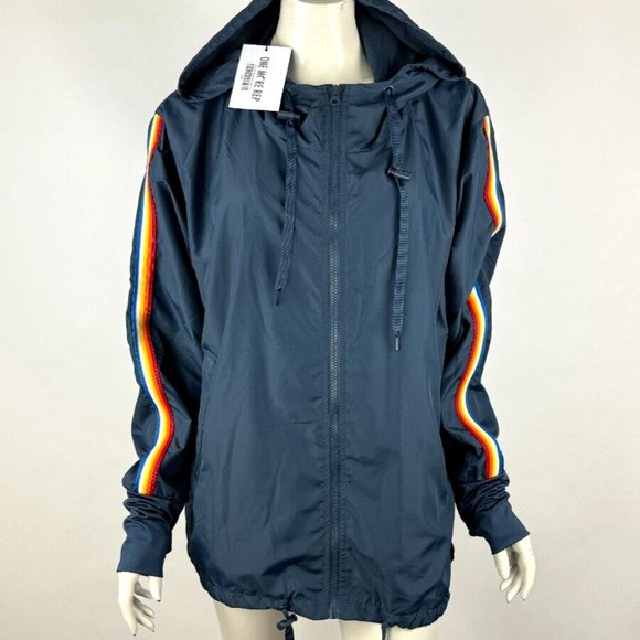 Zyia Navy Rainbow‎ Bomber Jacket Women XXL NWT Full Zip Lined Hooded Windbreaker - Picture 1 of 13